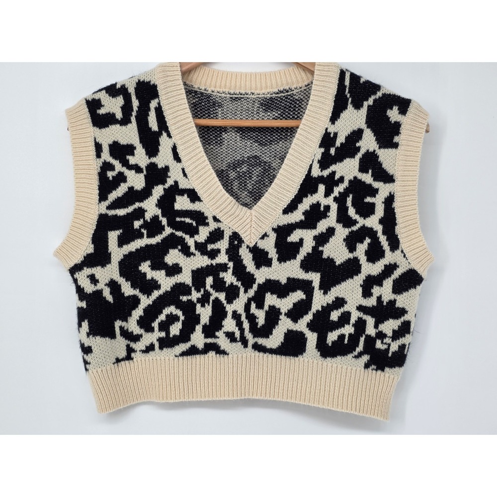 Shein Cropped Sweater Vest Animal Print Black White Academia Size S